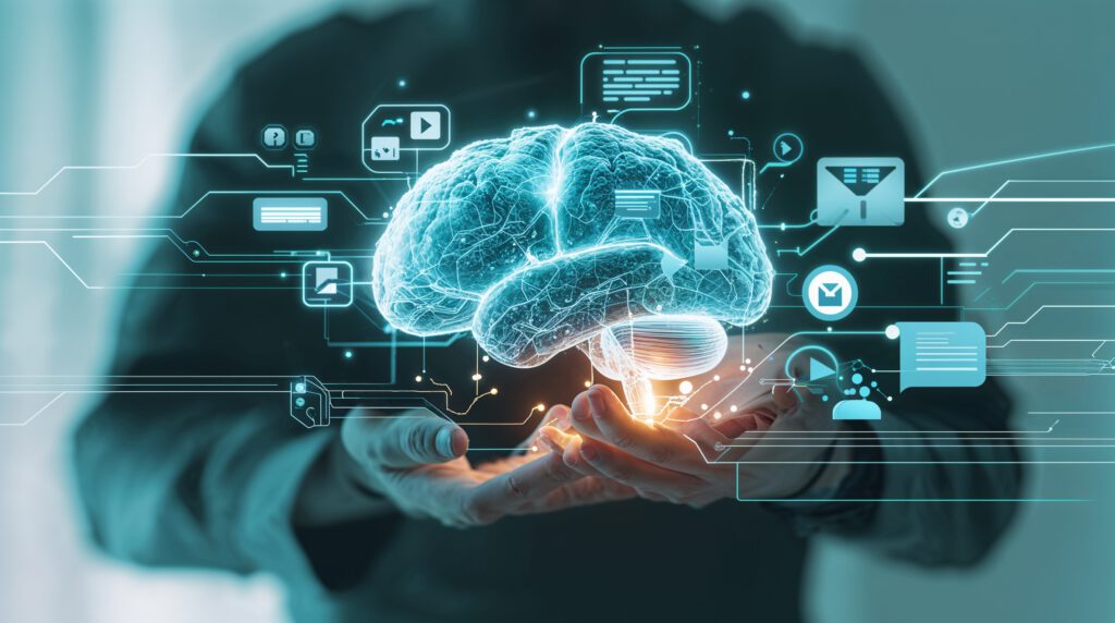 Das Bild ist eine digitale Illustration, die ein menschliches Gehirn in leuchtendem Neonblau zeigt, das über zwei Händen schwebt. Der Hintergrund ist unscharf und lenkt die Aufmerksamkeit auf das Gehirn und die Hände. Das Gehirn ist von verschiedenen digitalen Symbolen und Symbolen umgeben, darunter Chat-Blasen, Zahnräder und Dokumentsymbole, die alle durch dünne Linien verbunden sind und auf ein Netzwerk oder eine digitale Schnittstelle hinweisen. Die Hände mit heller Hautfarbe sind so positioniert, als würden sie das Gehirn stützen oder präsentieren. Die Gesamtkomposition vermittelt ein Thema von Technologie, Innovation und menschlicher Interaktion mit digitalen Informationen.