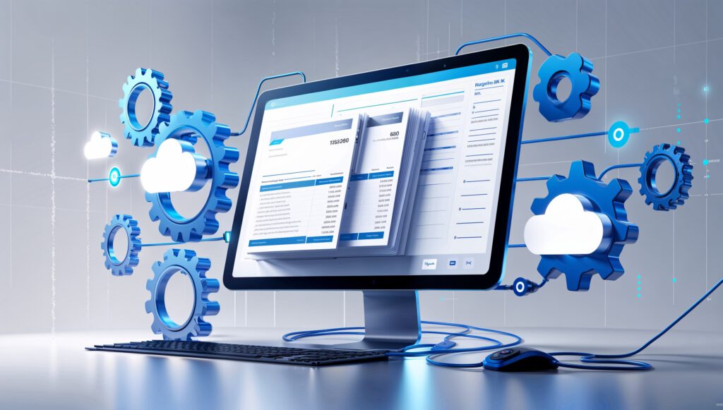 Digitales Konzeptbild eines Arbeitsplatzes mit einem blauen, schematischen Design. Es zeigt einen Computermonitor, auf dem eine Benutzeroberfläche mit digitalen Dokumenten zu sehen ist. Um den Bildschirm herum schweben stilisierte, blaue Zahnräder und Wolken, die Konnektivität und digitale Arbeitsprozesse symbolisieren. Auf der linken Seite ist ein Tablet mit ähnlichem Inhalt abgebildet, verbunden durch ein Netz aus Linien und Punkten, was Datenflüsse darstellt.