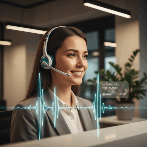 Person mit Headset und stilisierter Voice-Waveform — KI-Voice-Agent, Workflow-Automatisierung für KMU