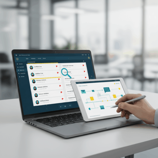 Laptop mit B2B-Dashboard und Tablet mit E-Mail-Sequenz (markierter Kontakt) — Workflow-Automatisierung für KMU