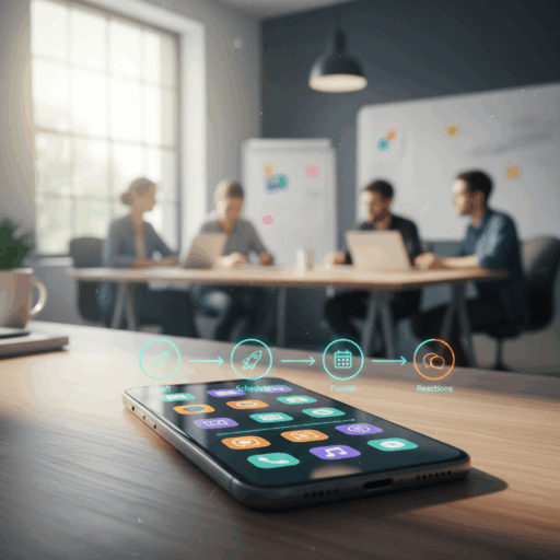 Smartphone auf Schreibtisch mit Social-Media-Icons und schematischer Post-Pipeline — Workflow-Automatisierung für KMU