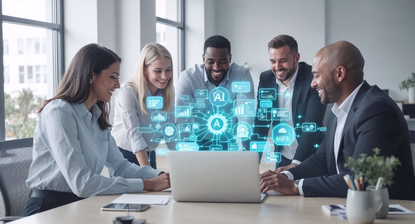 Team arbeitet gemeinsam an KI Automatisierungslösungen für KMU – moderne Büro-Szene mit Laptop, künstlicher Intelligenz und digitalen Workflow-Symbolen.