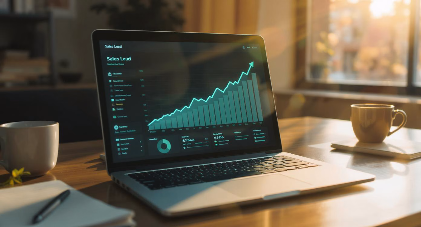 Ein Laptop zeigt ein Dashboard mit steigender Kurve und Statistiken – Symbol für Automatisierte Lead-Generierung und Vertriebserfolg.