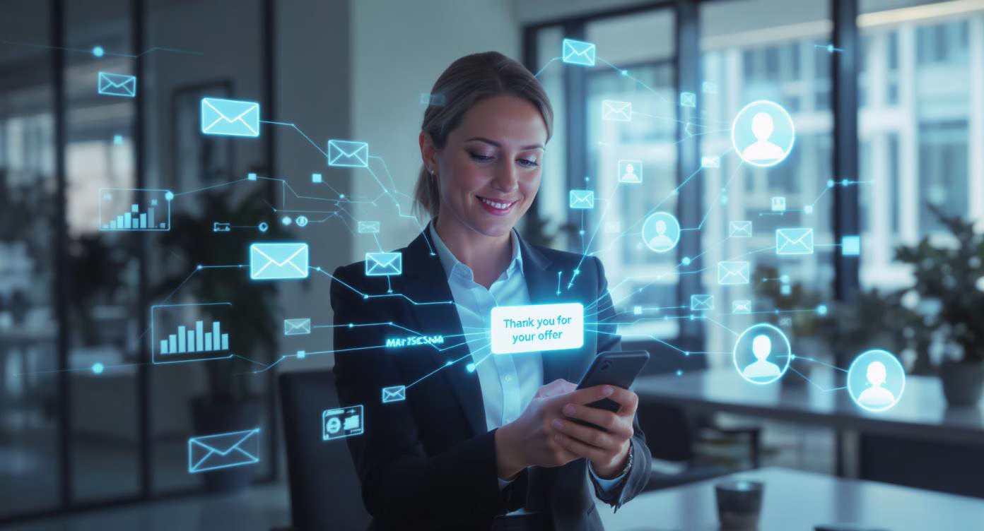 Automatische Kundenansprache mittels KI Eine Geschäftsfrau blickt auf ihr Smartphone, während holografische Symbole für Automatisierung von Kunden-E-Mails und digitale Kommunikation leuchten.