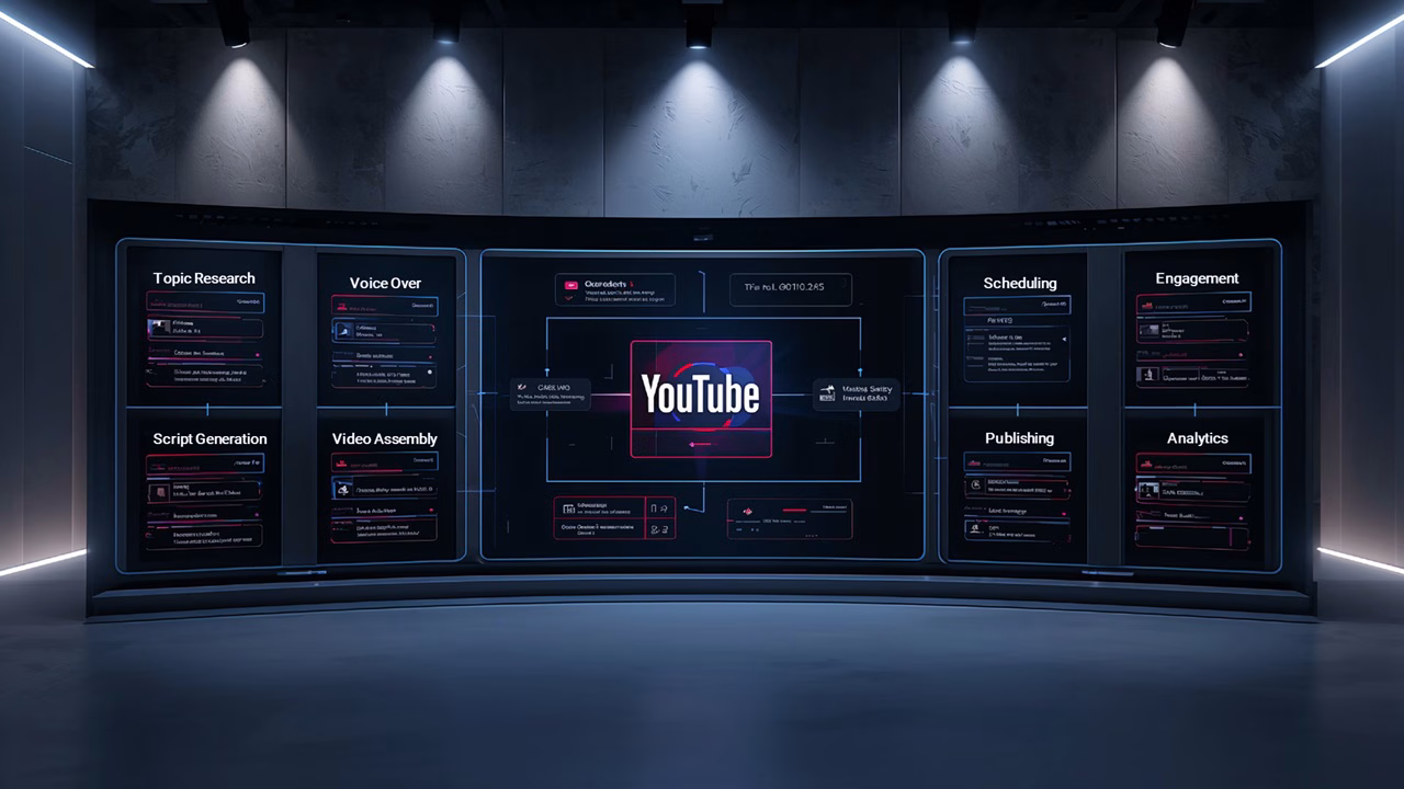 Digitale Workflow-Übersicht zeigt KI-Module für Skripte, Voiceover und Analyse – Symbol für YouTube automatisieren mit KI und No-Code.