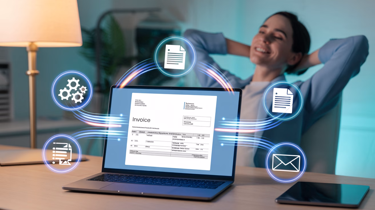 Eine entspannte Geschäftsfrau sitzt am Schreibtisch, während auf ihrem Laptop die automatische Rechnungserstellung mit KI visualisiert wird.