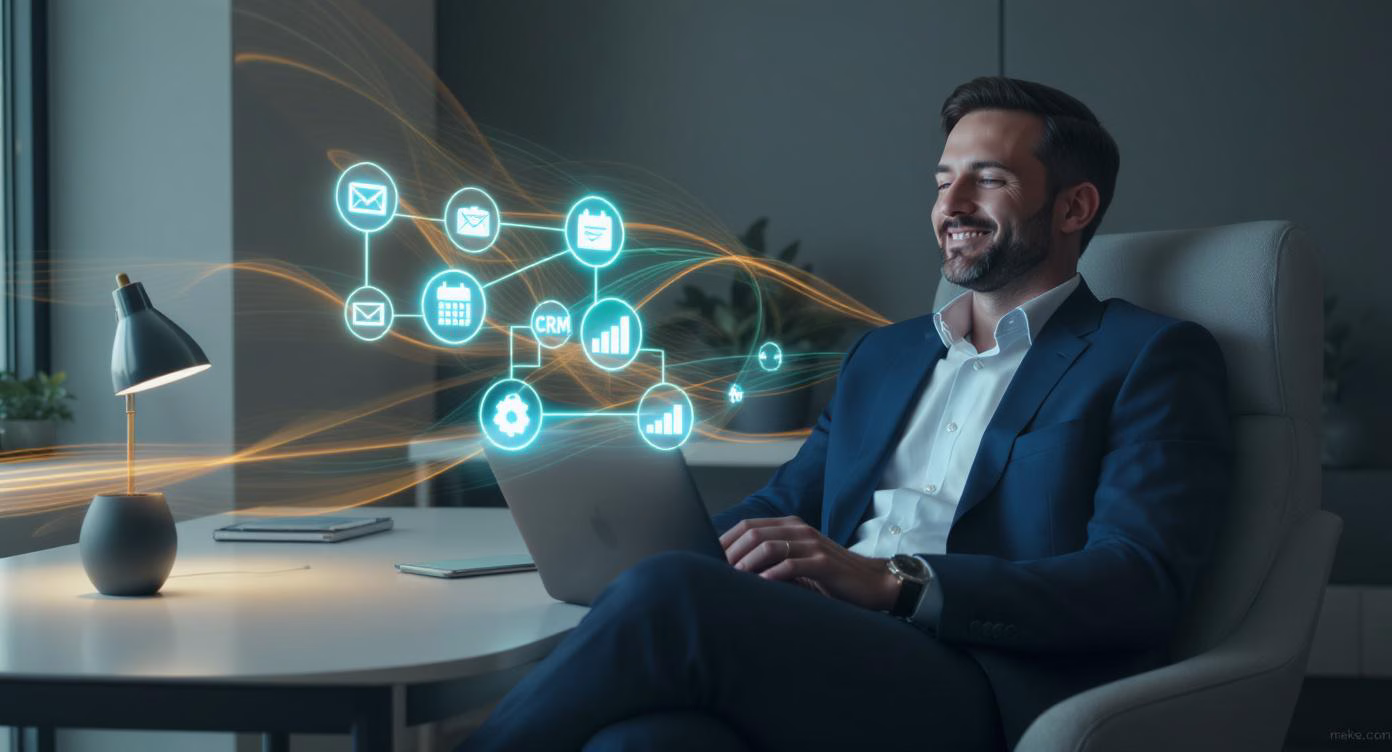 Automatisierte Follow-up Prozesse Ein lächelnder Geschäftsmann sitzt entspannt am Laptop, während holografische Symbole für automatisierte Follow-ups und CRM-Prozesse leuchten.