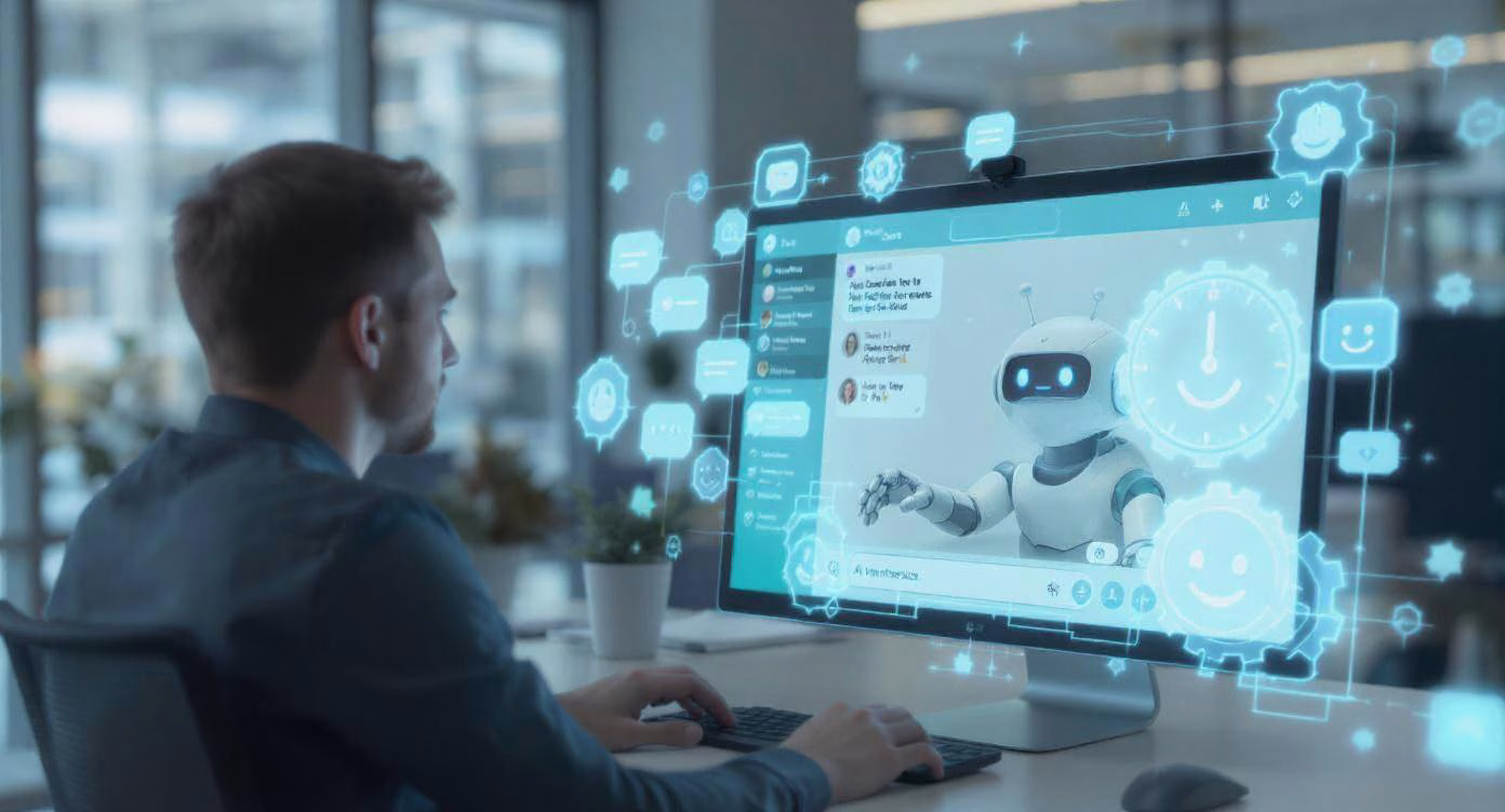 Effizienter Kundenservice mit einem KI-gestützten Chatbot Ein Mitarbeiter kommuniziert am Computer mit einem digitalen KI Chatbot KMU Kundenservice, um Kundenanfragen automatisch zu bearbeiten.