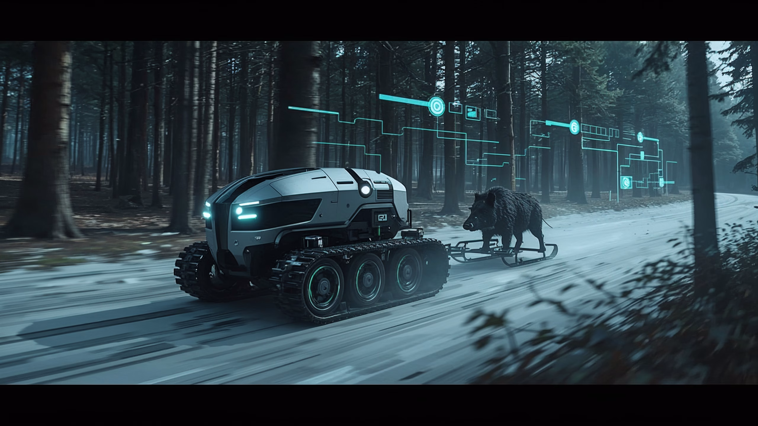 Autonomer Kettenroboter im Wald zieht Wildschwein auf Schlitten und visualisiert gleichzeitig KI-gestützte Prozessautomatisierung für kleine Unternehmen