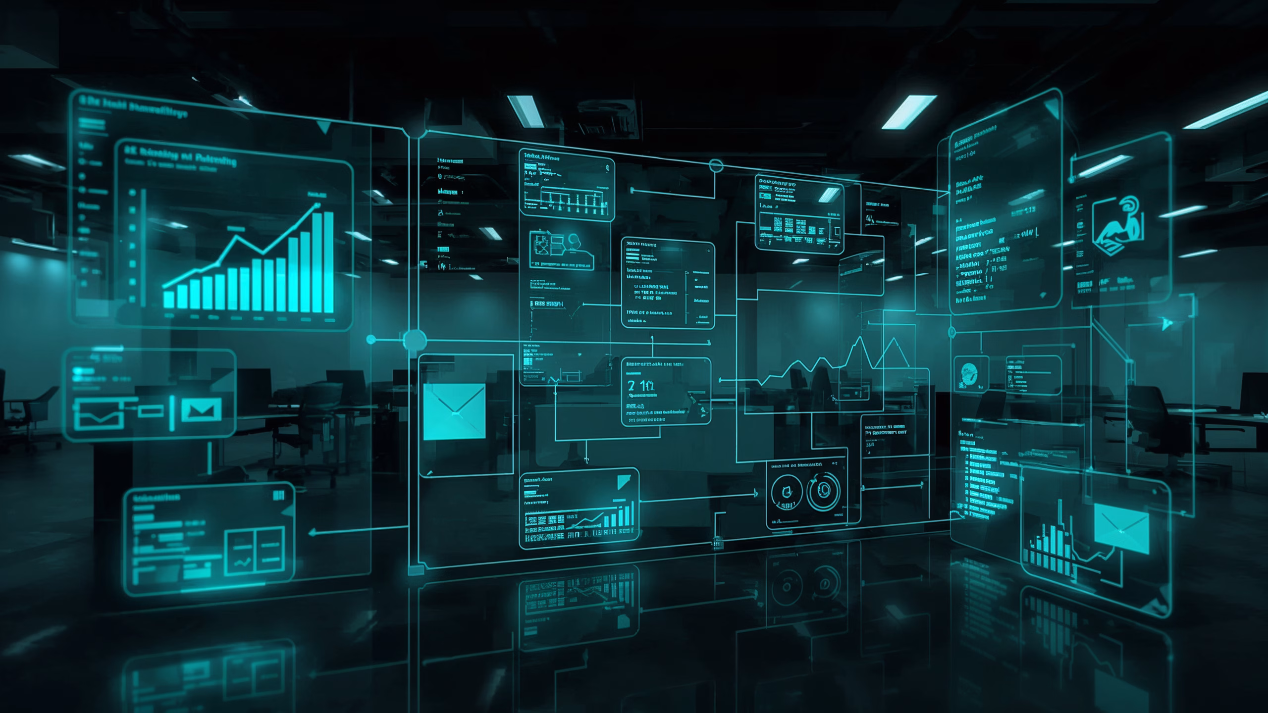 Abstrakte Datenströme verbinden Marketing-Dashboards und KI-Bots in einer modernen Umgebung für KI-gestützte Prozessautomatisierung im Marketing