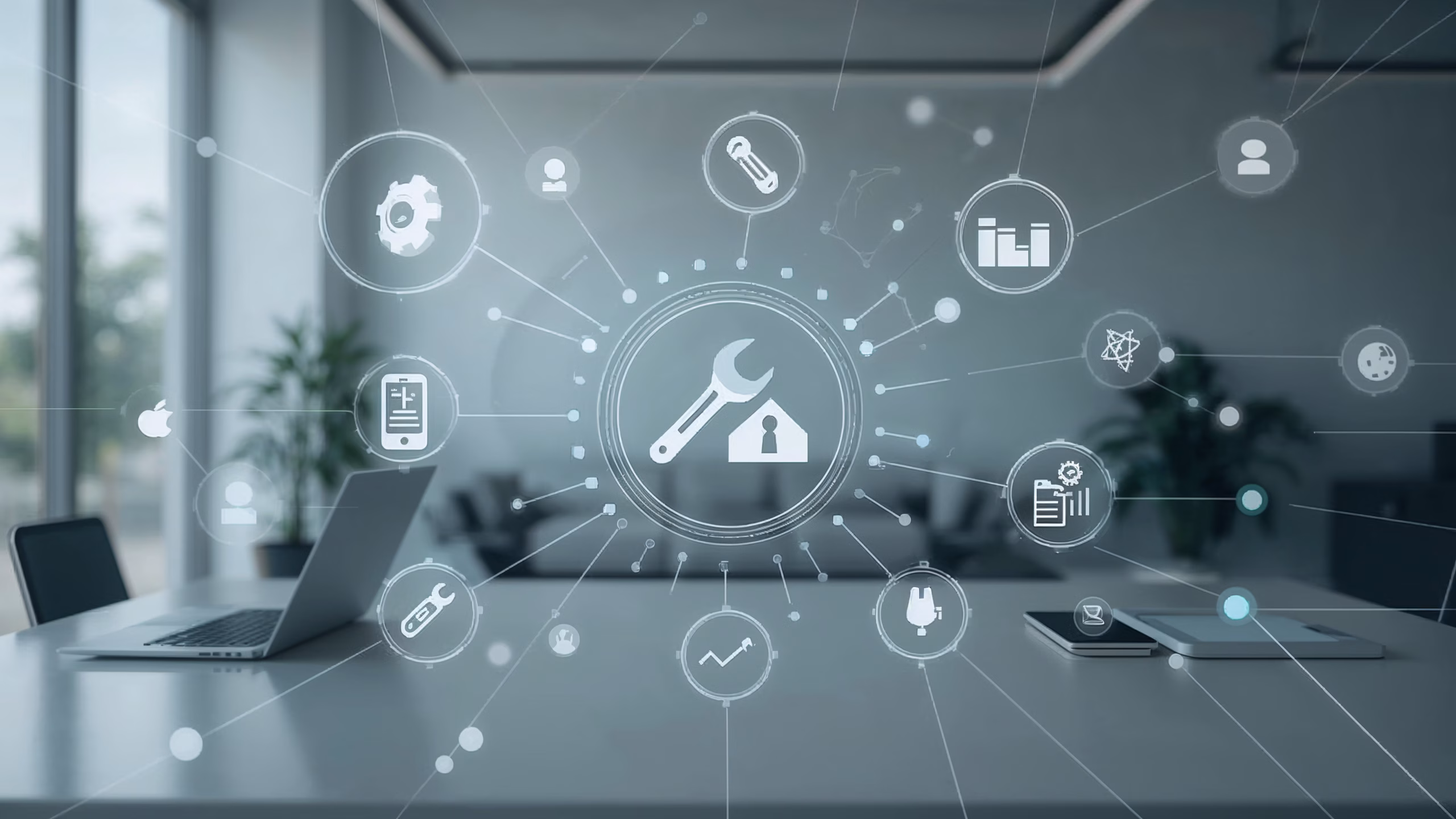 Workflow-Automatisierung für KMU im Dienstleistungsalltag – Werkbank zwischen Software-Dashboards und Handwerkzeugen, zeigt Automatisierung manueller Routinen