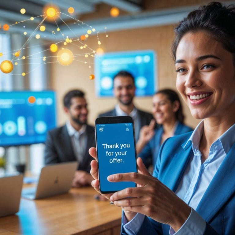 Frau hält Smartphone mit der Nachricht "Danke für Ihr Angebot" in einem Büro.