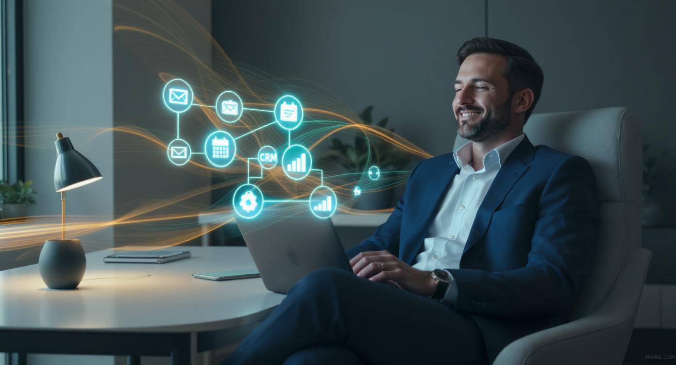 Ein Geschäftsmann in dunklem Anzug hält ein Tablet, auf dem eine Tabelle mit Daten angezeigt wird. Um ihn herum sind leuchtende, miteinander verbundene Netzwerkkugeln sichtbar, die verschiedene Geschäftstools wie 'Email', 'Chat', 'CRM' und 'Calendar' darstellen. Diese Kugeln sind durch blaue und orange digitale Linien verbunden, was die Vernetzung und Integration dieser Tools in einem modernen Geschäftsumfeld symbolisiert.
