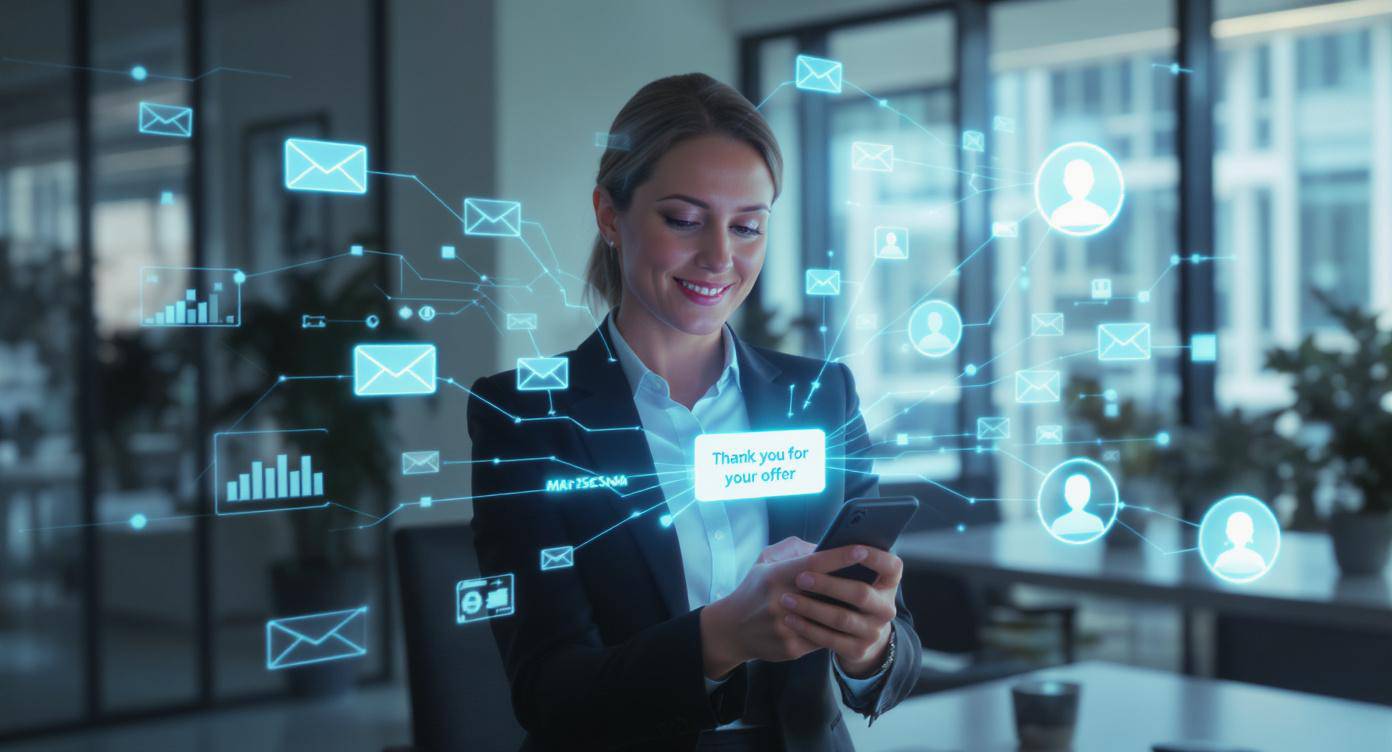 Fröhliche Geschäftsfrau in einem blauen Anzug, die in einem Konferenzraum steht und ihr Smartphone hochhält, auf dem eine Nachricht mit dem Text 'Thank you for your offer' angezeigt wird. Im Hintergrund sitzen ihre Kollegen an einem Tisch, und auf den Monitoren sind digitale Grafiken zu sehen. Über dem Smartphone schweben visuell dargestellte, miteinander verbundene Netzwerkpunkte, die digitale Kommunikation symbolisieren.