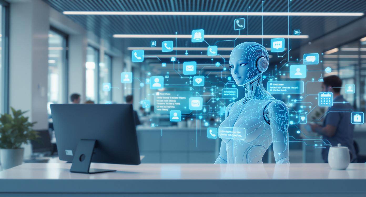 Realistische Darstellung eines humanoiden Roboters in einer modernen Büroumgebung. Der Roboter, der weibliche Züge aufweist und in einem weißen, futuristischen Design gehalten ist, hält ein Telefon am Ohr. Er steht vor einem Schreibtisch mit einem Computermonitor in einem Büro, das durch große Fenster und eine helle, minimalistische Einrichtung gekennzeichnet ist.