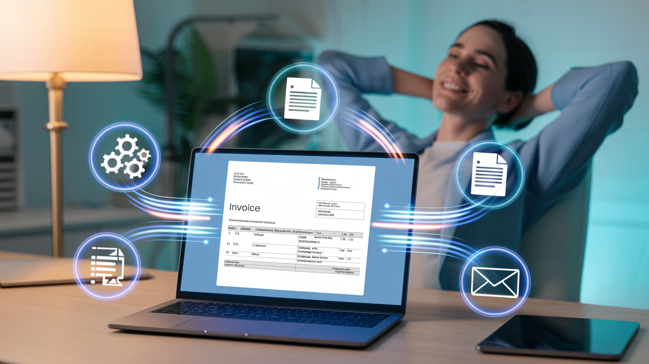 Digitales Konzeptbild eines Arbeitsplatzes mit einem blauen, schematischen Design. Es zeigt einen Computermonitor, auf dem eine Benutzeroberfläche mit digitalen Dokumenten zu sehen ist. Um den Bildschirm herum schweben stilisierte, blaue Zahnräder und Wolken, die Konnektivität und digitale Arbeitsprozesse symbolisieren. Auf der linken Seite ist ein Tablet mit ähnlichem Inhalt abgebildet, verbunden durch ein Netz aus Linien und Punkten, was Datenflüsse darstellt.