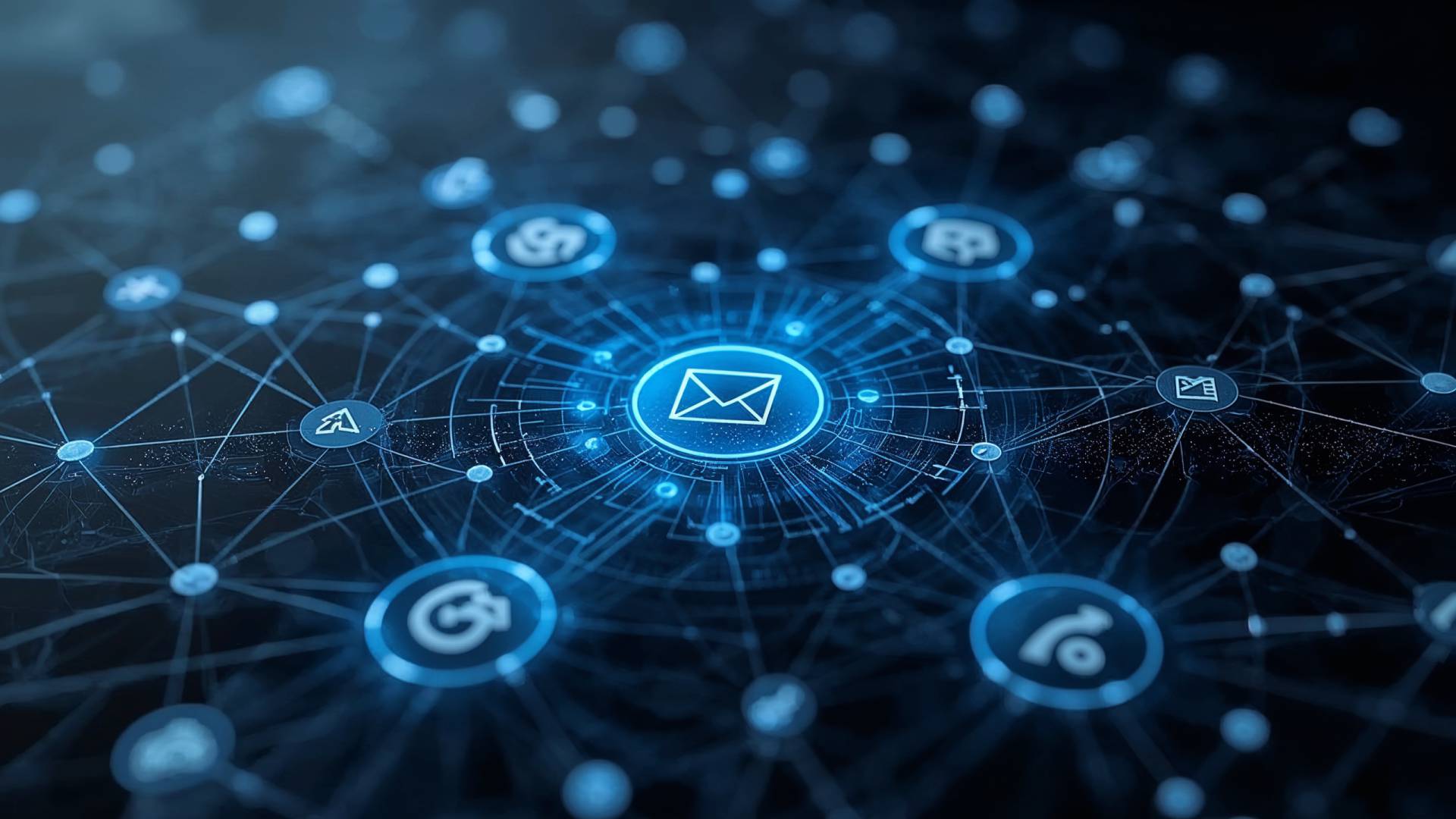 Abstraktes Workflow-Dashboard mit verknüpften Google-Apps und KI-Knoten, das Automatisierung ohne Programmierung für KMU visuell darstellt